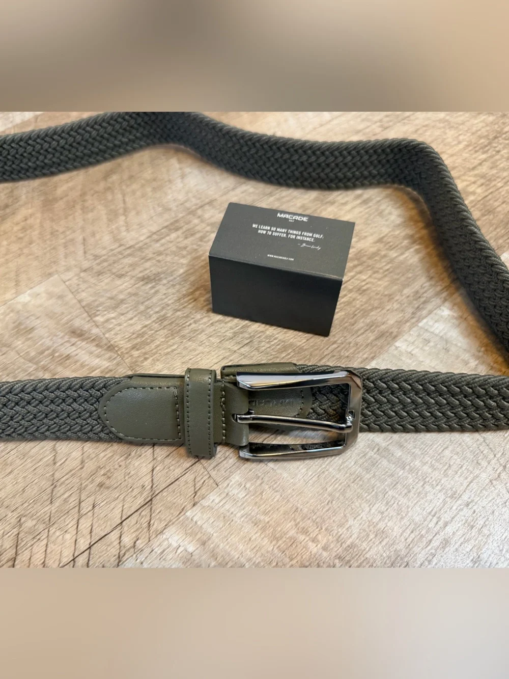Olive Green Woven Men's Belt with Leather (Look?)Trim